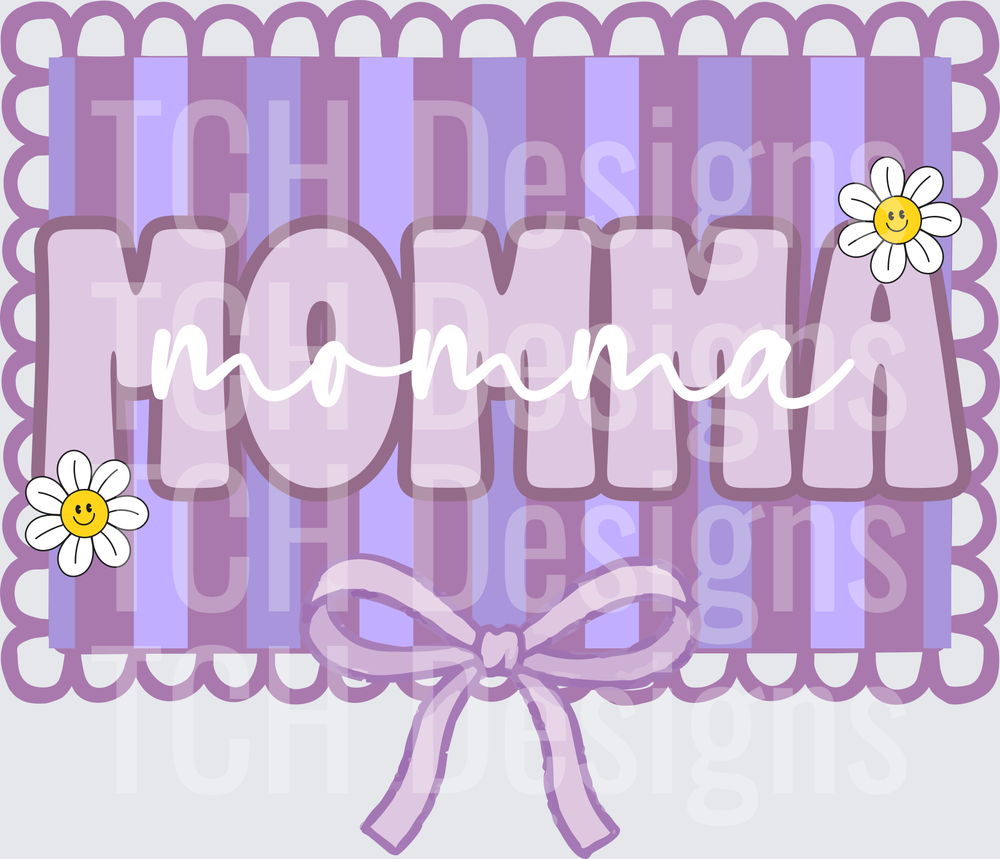 Momma Text with Purple Stripes and Daisy Flowers Bow Design