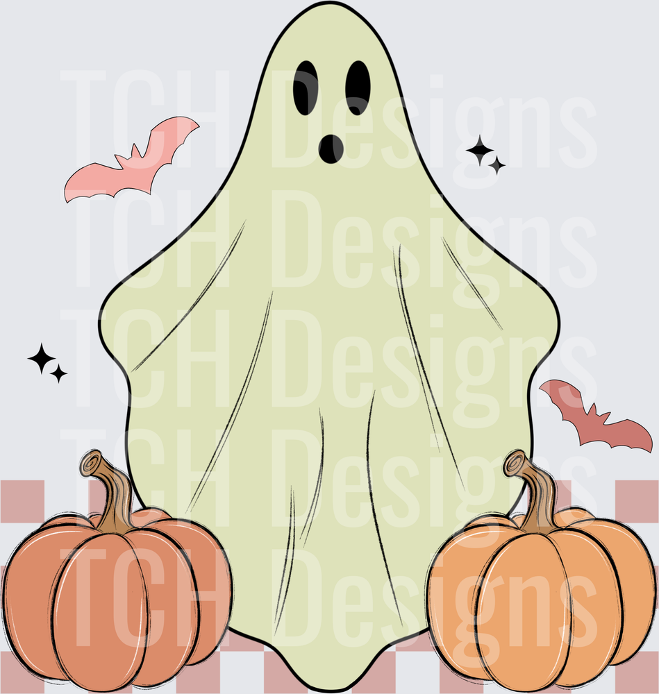 Cute Ghost With Pumpkins Bats Sparkles Halloween Scene