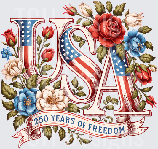 USA 250 Years of Freedom Vintage Floral Patriotic Sublimation PNG (1)