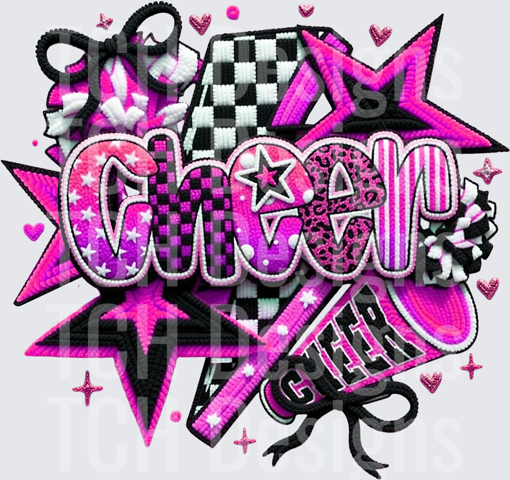 Hot Pink Black Cheer Pom Pom Stars Bows Patch Style Design
