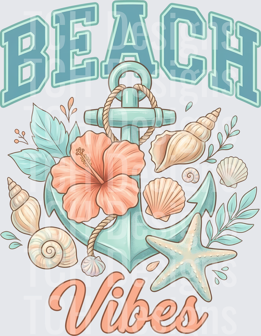 Beach Vibes Nautical Anchor with Hibiscus Flowers and Seashells