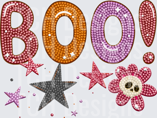 Rhinestone BOO! Halloween Skull Flower Stars Bling Design