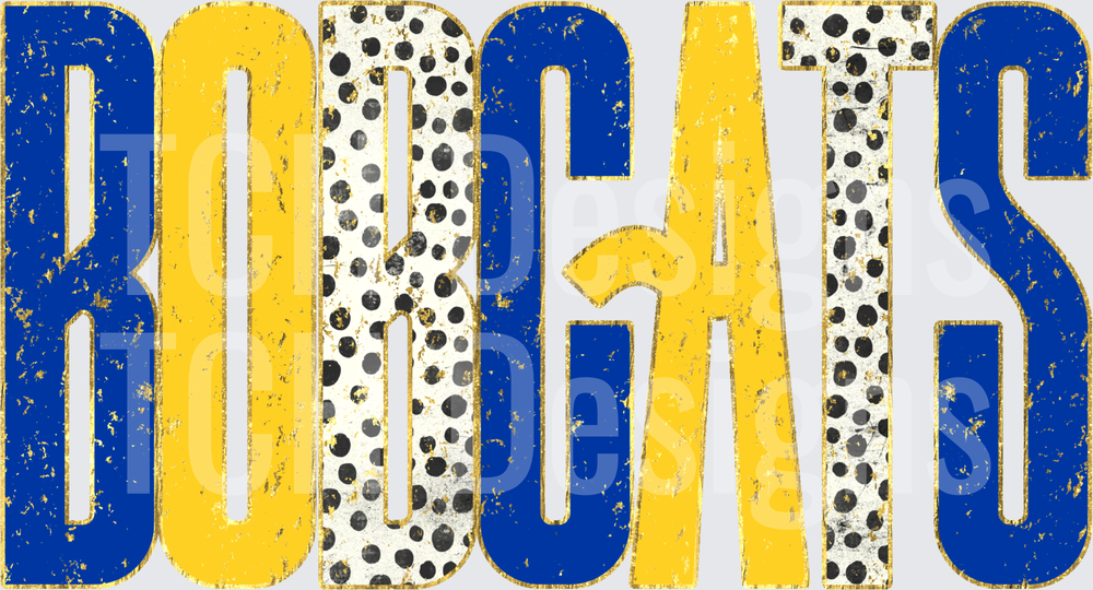 Bobcats Distressed Bold Text Blue Gold Spotted Leopard Print