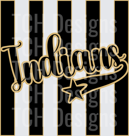 Indians Script Logo Black Gold Stripes Star Swoosh