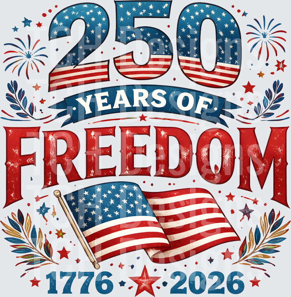 250 Years of Freedom 1776-2026 American Flag Fireworks Design