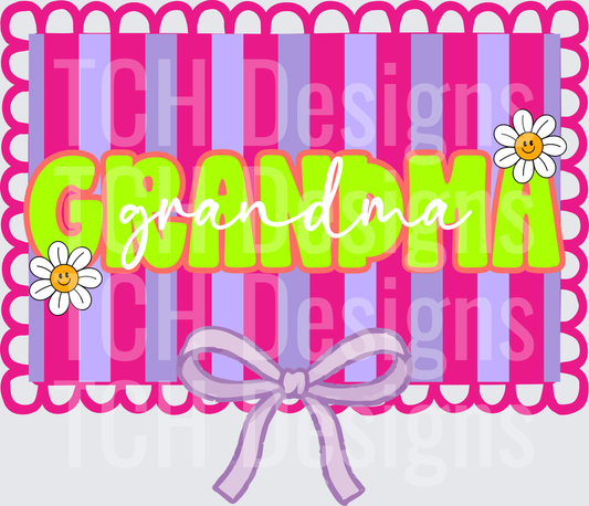 Grandma Text with Scalloped Frame Daisies and Purple Bow