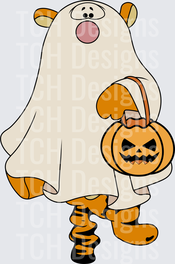 Tigger in Ghost Halloween Costume Holding Pumpkin Bucket