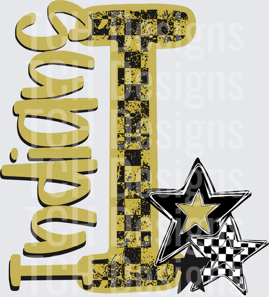 Gold Black Checkered Indians Letter I with Stars