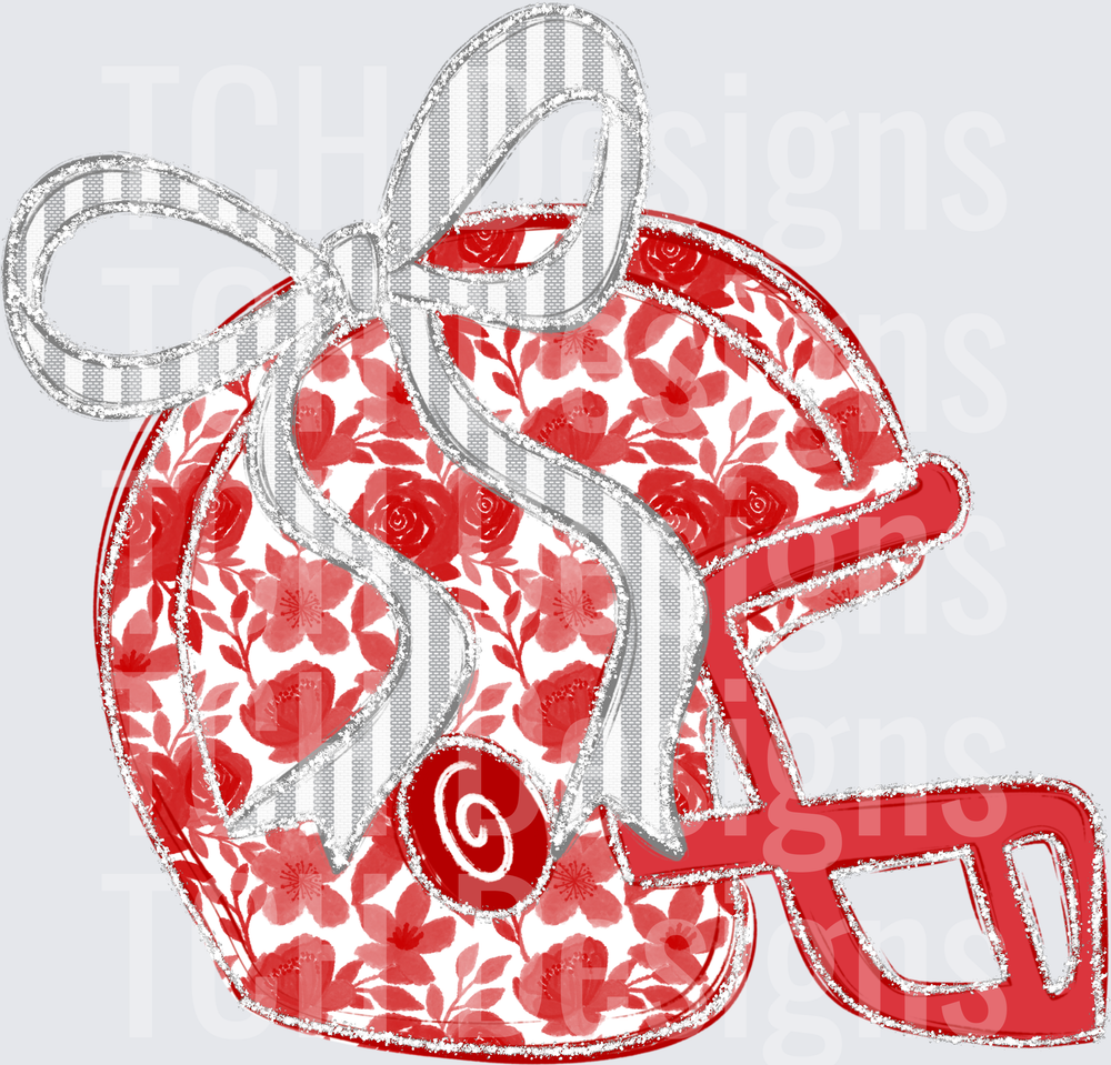 Floral Football Helmet with Gray Striped Bow Red Roses