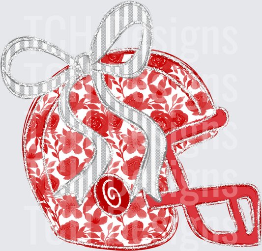 Floral Football Helmet with Gray Striped Bow Red Roses