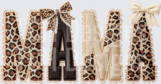MAMA Leopard Print Letters with Lace Trim and Bow Accents
