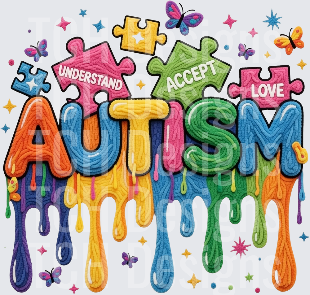 Autism Awareness Puzzle Pieces Dripping Rainbow Text Design