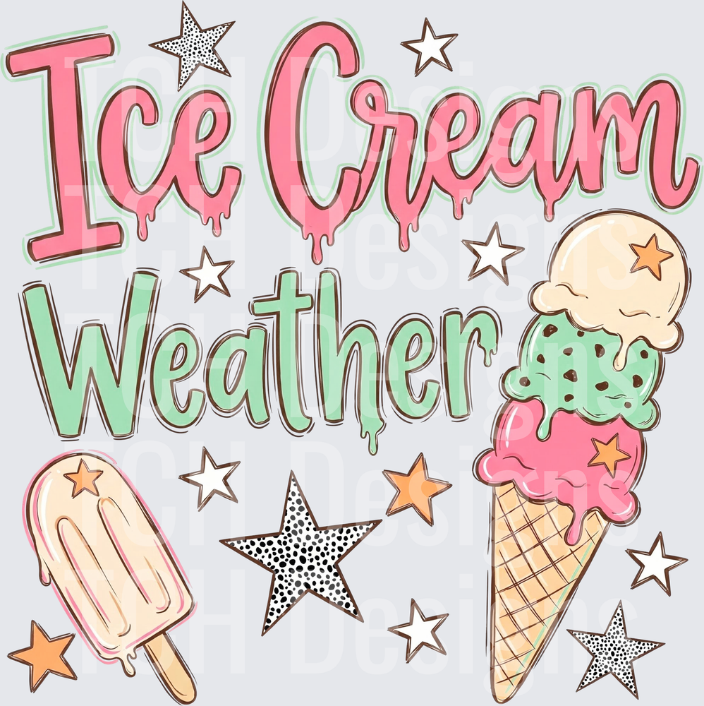 Ice Cream Weather Dripping Text Triple Scoop Cone Popsicle Stars