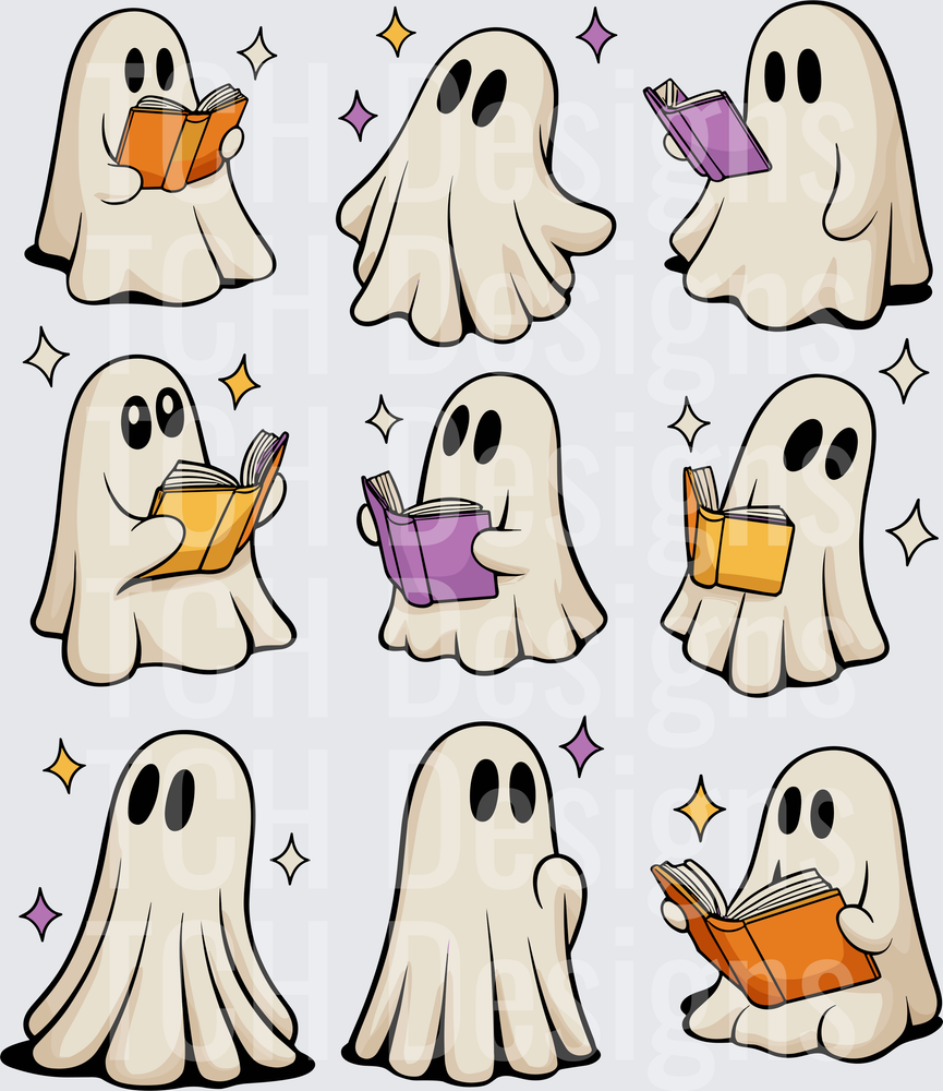 Cute Ghost Reading Books Halloween Sheet Bundle Sparkles