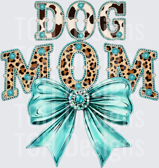 Dog Mom Leopard Print Cow Print Rhinestone Turquoise Bow