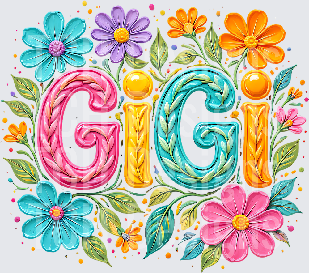 Gigi Name Design with Colorful Flowers and Leaves