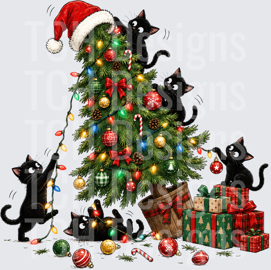 Black Cats Playing with Christmas Tree