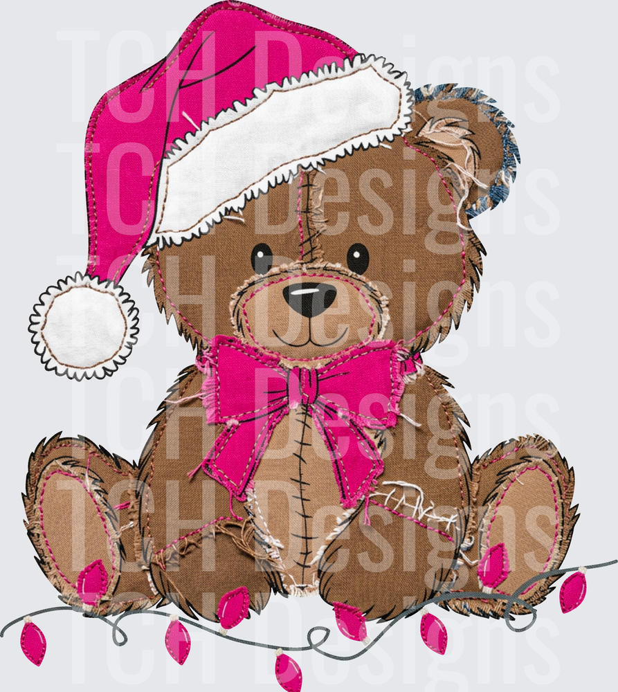 Patchwork Teddy Bear Pink Santa Hat Christmas Lights Bow