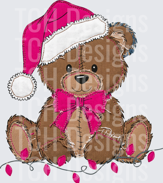 Patchwork Teddy Bear Pink Santa Hat Christmas Lights Bow