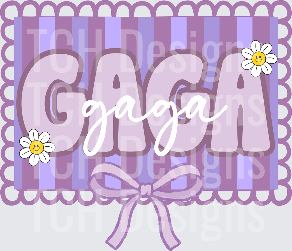 Gaga Purple Vintage Retro Lettering with Daisies and Bow