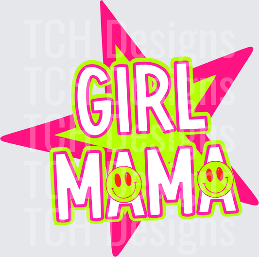 Girl Mama Text with Pink Star and Smiley Faces