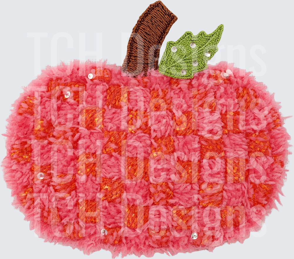 Fluffy Pink Checkered Pumpkin with Sequins and Green Leaf