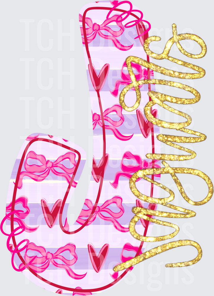 Glitter Gold Script Letter J Pink Bows Hearts Stripe