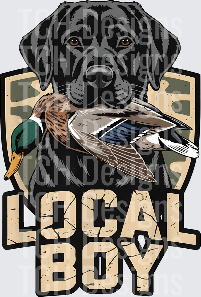 Black Lab Holding Mallard Duck Local Boy Camo Shield Badge