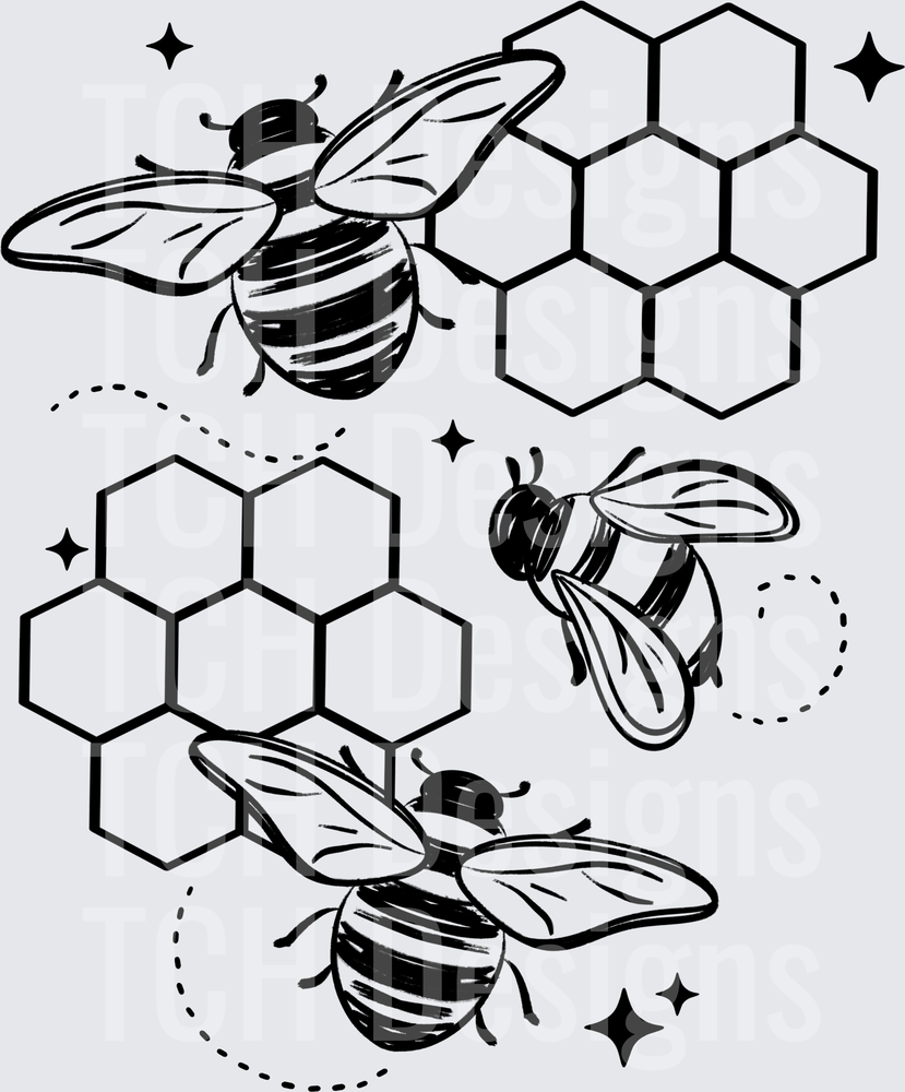 Three Honeybees Flying Around Honeycomb Black Line Art