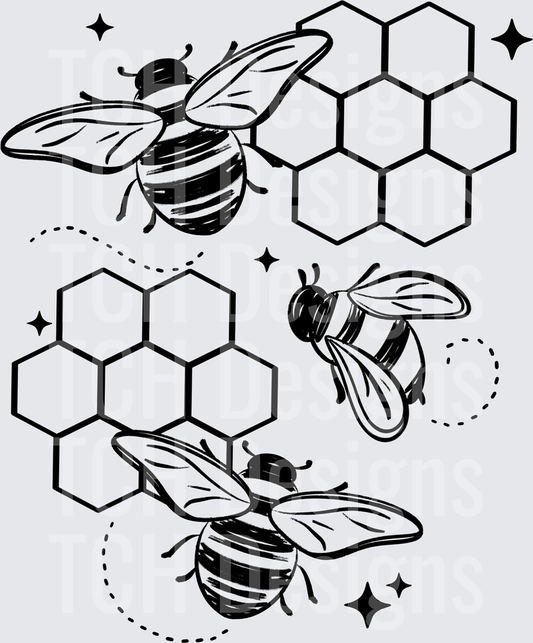 Three Honeybees Flying Around Honeycomb Black Line Art