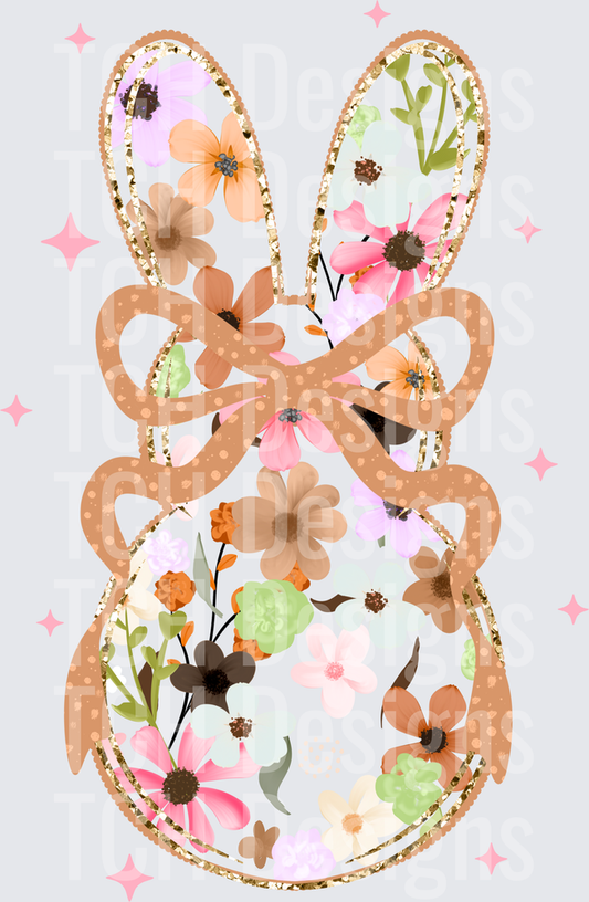 Floral Easter Bunny Silhouette Gold Glitter Bow Sparkle
