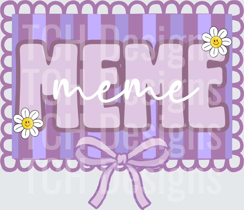 Meme Purple Striped Frame with Daisies and Bow Design