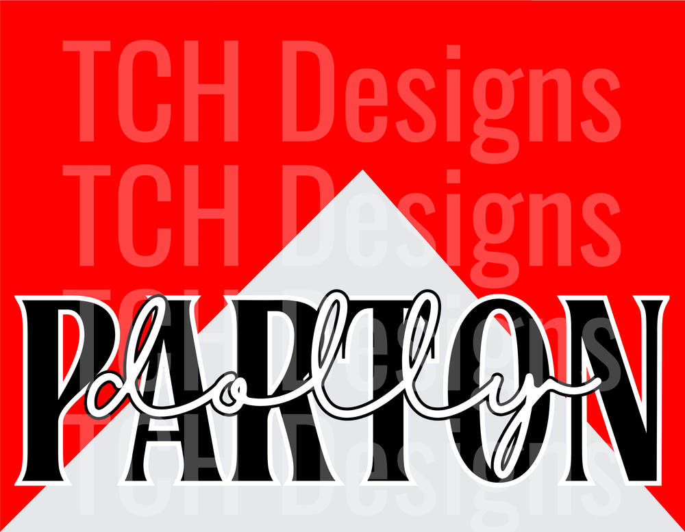 Dolly Parton Bold Script and Block Letter Red Design