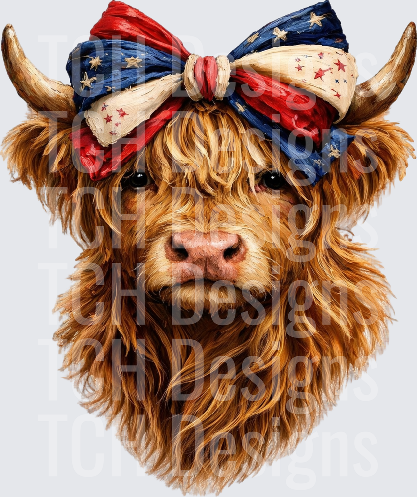 Highland Cow with Patriotic American Flag Bow
