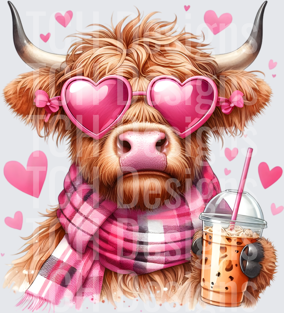 Valentine Highland Cow Heart Sunglasses Pink Plaid Iced Coffee