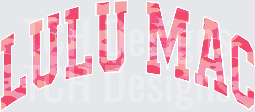 Lulu Mac Arched Pink Camo College Letter Design