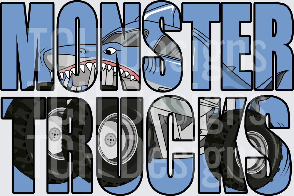 Monster Trucks Bold Text Filled With Shark And Big Tires