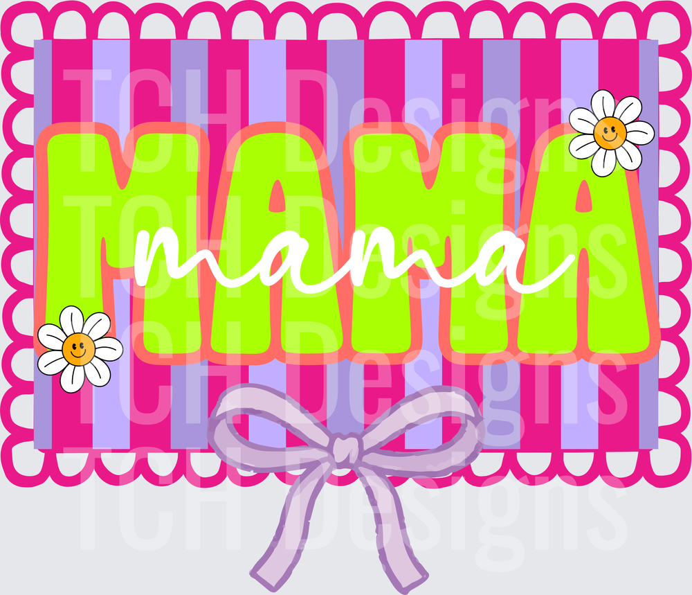 Retro Mama Design with Daisy Flowers and Purple Bow