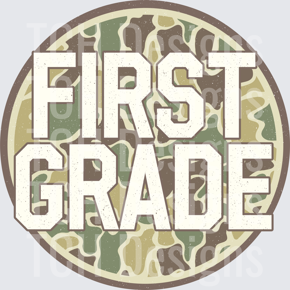 First Grade Distressed Camo Circle Badge