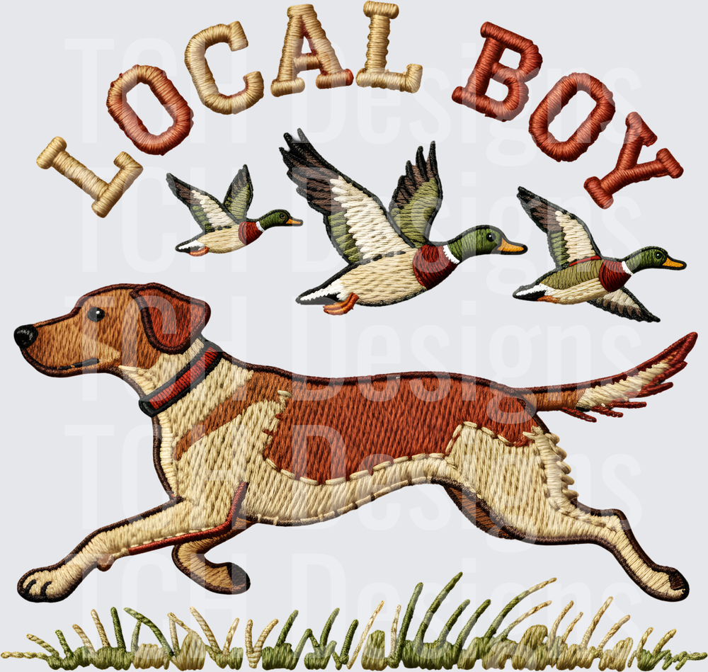 Local Boy Embroidery Style Lab Dog Flushing Mallard Ducks