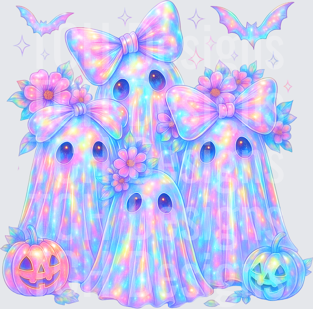 Pastel Rainbow Holographic Ghost Squad with Bows and Pumpkins