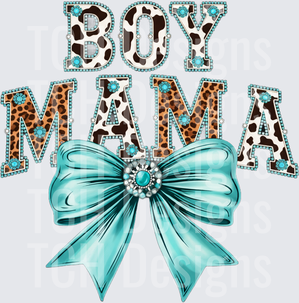 Boy Mama Leopard Print Cow Print Turquoise Rhinestone Bow