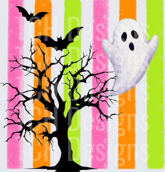 Cute Ghost Spooky Tree Bats Colorful Stripe Halloween