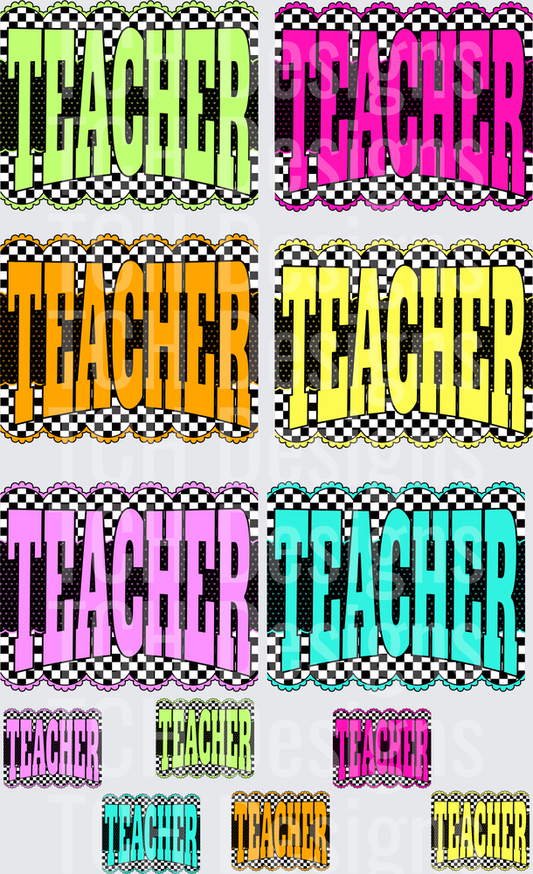 Teacher Text Design with Checkered Racing Flag Border in Multiple Colors