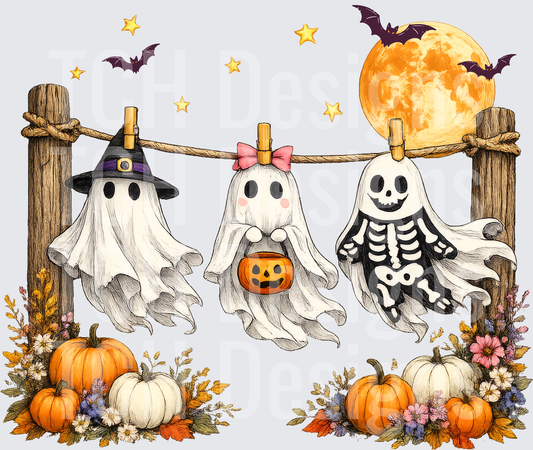 Three Cute Ghosts on Clothesline Halloween Full Moon Pumpkins