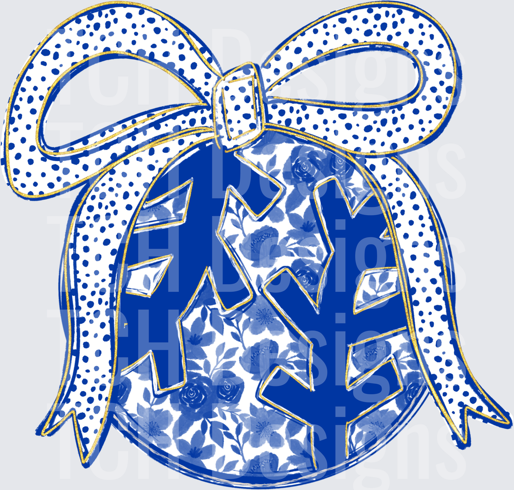 Blue and White Floral Snowflake Christmas Ornament with Bow