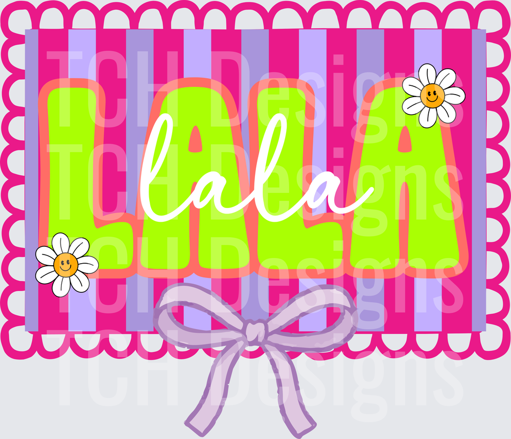 Personalized Lala Name with Daisy Flowers Pink Striped Background