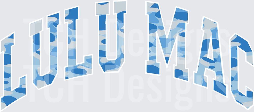 Lulu Mac Arched Blue Camo collegiate Letters