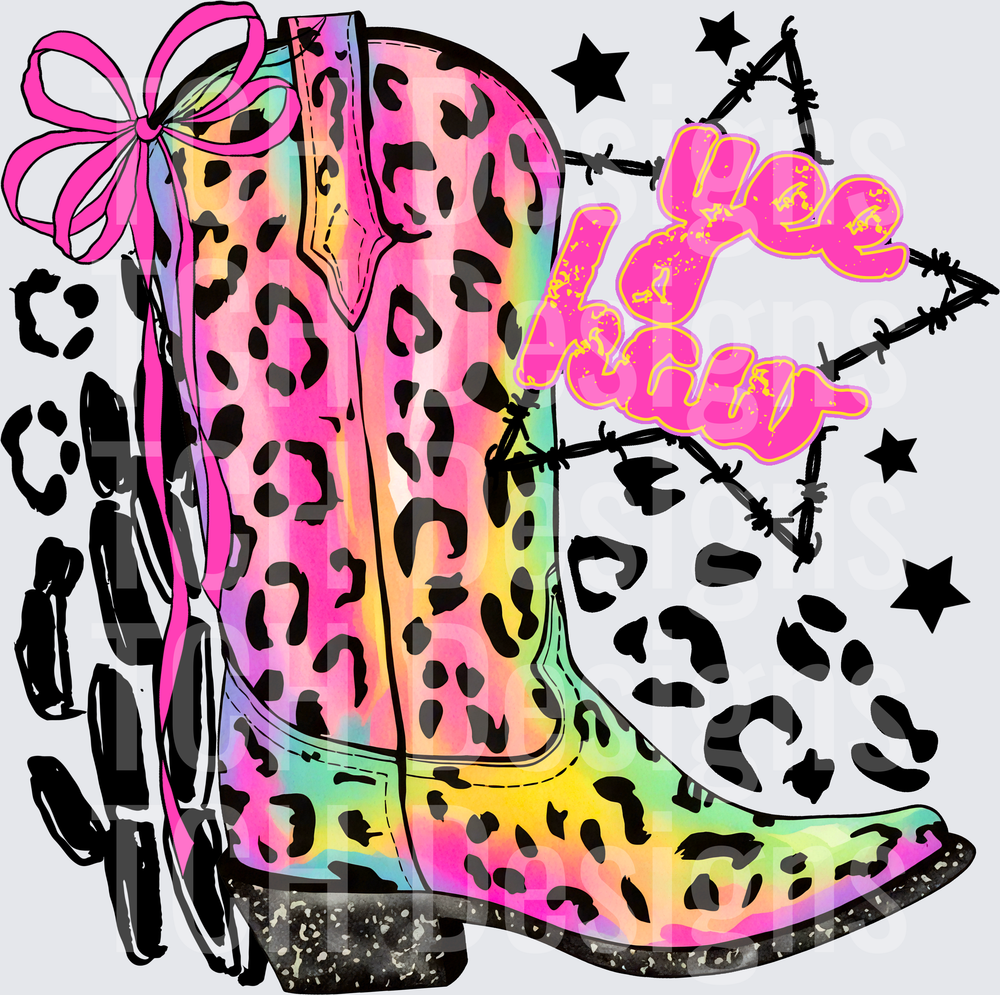 Rainbow Leopard Cowboy Boot Pink Bow Yee Haw Barbed Wire