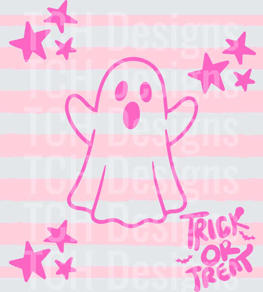 Cute Pink Ghost Trick or Treat Halloween Stars Stripes